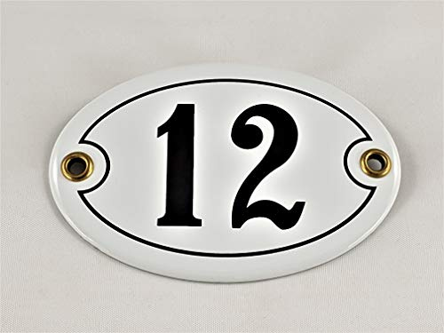 Emaille Hausnummer Schild Nr. 12, oval, Weiß-Schwarz Handarbeit