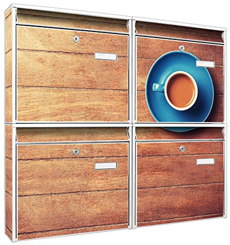 banjado Briefkastenanlage 4 Fach - Postkästen groß - verzinkter Stahl weiß DIN A4 Motiv Blaue Tasse - Briefkasten Set 4 Briefkästen Namensschild, 2 Schlüssel, Montagematerial