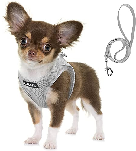 Fida Bequemes Hundegeschirr mit Leine, weiche Welpenweste, ausbruchsicher, atmungsaktiv, leicht, weiches Netzgewebe, verstellbares reflektierendes Step-in-Geschirr für kleine Haustiere, Größe S, Grau