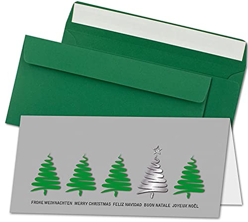 NEUSER PAPIER 10x Weihnachtskarten-Set DIN Lang in Grau mit grünen Tannenbäumen und Text - Faltkarten mit Umschlägen DIN Lang Dunkelgrün mit Haftklebung - Weihnachtsgrüße für Firmen und Privat