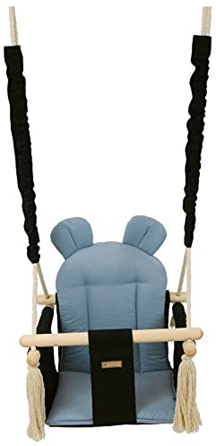 Balançoire bascule confortable pour enfants en bois coton terrasse jardin maison (dessin: noir, bleu clair)
