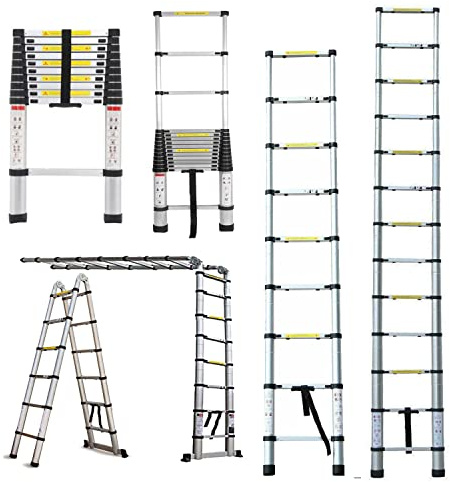Échelle TéLescopique Pliante 4.4M Échelle en Aluminium Échelles Polyvalentes Échelle D'Extension Extensible Marches AntidéRapantes, Escabeau Télescopique 15 Echelons, Charge Max 150 kg