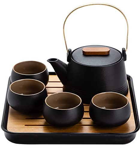 FXNFXLA Chinesisches Kungfu-Tee-Set, Büro-Reise-Teegeschirr, Japanischer Stil, Schwarze Keramik, Balken-Teekanne, Tee-Set, 5-teiliges Tee-Set, Porzellan-Teekanne, Für Reisen, Zuhause, Outdoor, Büro