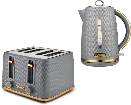 TOWER Empire Grey 1.7L 3KW Jug Kettle and 4 Slice 1600W Toaster. Matching Art Deco Design Kettle & 4 Slice Toaster Set in Grey with Brass Accents