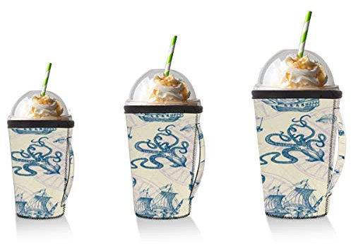 Set di 3 confezioni riutilizzabili calde e ghiacciate tazze da caffè manica vintage barca a vela in neoprene con motivo nautico (16,24,32 g)