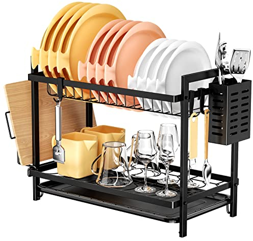 Fousenuk Scolapiatti da Appoggio per Lavello a 2 Livelli, Nero, Scola Piatti con Vassoio di Raccolta e Portaposate, Multifunzionale Staccabile Scolapiatti da Appendere