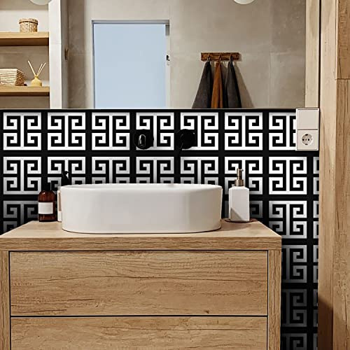 Alwayspon Lot de 12 autocollants muraux en vinyle pour carrelage de cuisine et de salle de bain - 15 cm - Noir et blanc