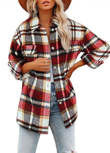Rayson Chemise Femme Carreaux Chic et élégant Bouton Down Veste Carreaux Femme Chaude Hiver Longue Manteau Carreaux Flanelle