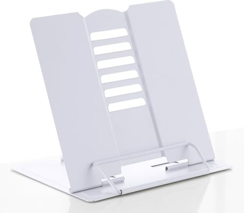 Multifunctional Book Holder - Adjustable Angle Metal Reading Rack, Portable Cook Book Stands for Kitchen Recipe Document Office School Library (White)