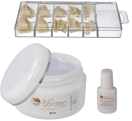 Sun Garden Nails 1-Phasen UV Gel klar 30 ml Set mit 100 Nageltips und Tipkleber 7 ml – All-in-One Nagelmodellage Gel für Aufbau, Verlängerung und Versiegelung – UV LED härtend