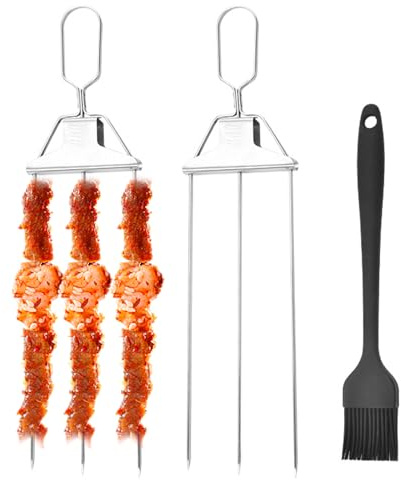 GMHLLES 3 Way Grill Skewers,2 Pcs Three Way Grill Skewers, Stainless Steel BBQ Grilling Skewers BBQ Metal Skewer with Smooth Push Bar Slider 3-Prong Grill Kabob Skewer Accessories for Meat Vegetables