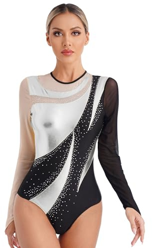 Freebily Body da Ginnastica per Donna Strass Leotard da Danza Classica Moderna Manica Lunga Abito da Pattinaggio Artistico Balletto Body da Ballo Latino Jazz Allenamento