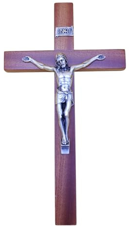 Wandkreuz – Kunsthandwerk Made in Italy Christus und INRI versilbert 999 – Wandkreuz aus Holz, hochwertiges Mahagoniholz – Pflege und Präzision der Details von Jesus – 32 x 18 cm