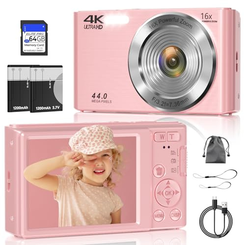 Fotocamera digitale, fotocamera digitale FHD 4K 44MP per fotografia, zoom digitale 16x, fotocamera digitale Point and Shoot con luci di riempimento a 3 LED, scheda SD da 64 GB, fotocamera compatta per