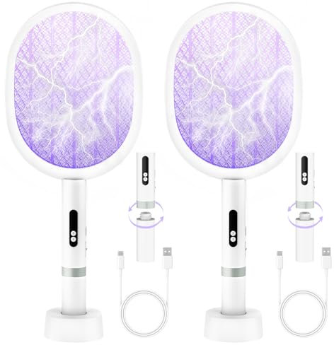 PALONE Elektrische Fliegenklatsche 2 Stück Abnehmbar, 4000V UV Insektenvernichter Elektrisch Wiederaufladbar Mückenklatsche USB C Fliegenfänger Insektenfalle mit Basis