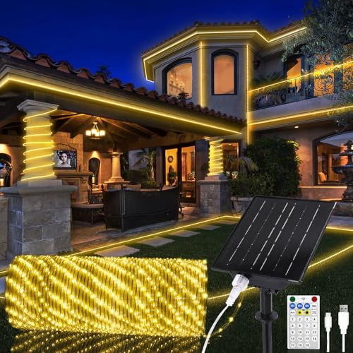 Solar LED Schlauch Außen (Durchmesser: 5,5 mm), 30M 1200LEDs Warmweiß Lichtschlauch Außen mit USB Ladefunktion und Fernbedienung, Solar LED Lichterschauch Lichterkette Outdoor für Party Garten Balkon