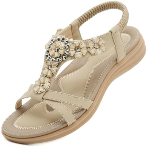 Acfoda Sandales Femme Été Confortable Mode Plates Bohême Tongs Léger Chaussures Orthopédique Sandals Confort Sandalette et Mules Beige 38