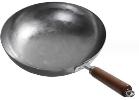 Freidora, wok, sartén de martillo de mano tradicional, mango de madera, vok de hierro fundido de acero al carbono, adecuado para estufa de gas estufa de leña 32 cm