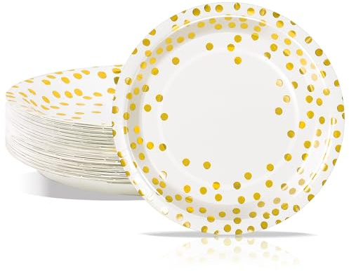PYAILI Assiettes Jetables de Fête en Carton Blanc et Or - 50 pièces (23 cm)