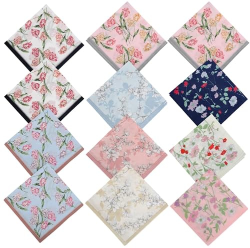 EEEKit Pañuelos de Tela para Mujer, 12PCS pañuelos de Algodón con Motivo Flores, Pañuelos de Tela para Regalos de Boda, 45x45 cm