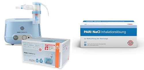 Bundle aus PARI COMPACT2 Inhalationsgerät Kinder & Erwachsene – Inhalator Vernebler zur Therapie der unteren Atemwege mit Kindermaske & Babymaske + PARI NaCl Inhalationslösung, 60 St. Ampullen