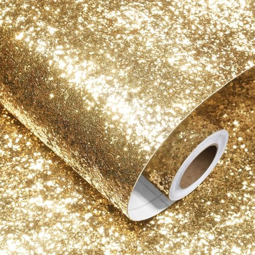 Decotalk Glitzer Tapete Wandtapete Selbstklebend Champagner Gold 40X300cm Glitzerfolie Klebefolie Möbel Wand Tapeten Wohnzimmer Tapete Modern Dekofolie Selbstklebend für Tisch Schrank Kinderzimmer