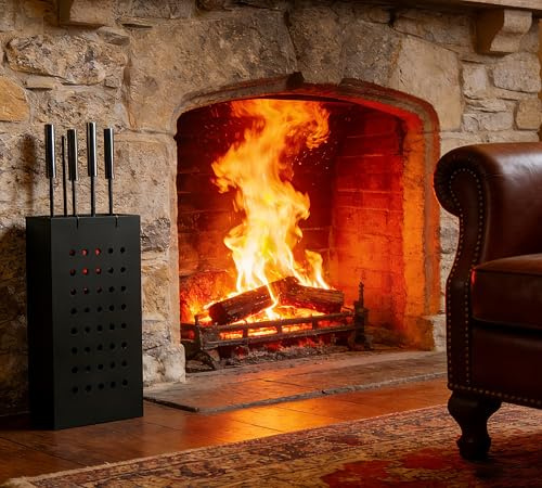 Kingson - Juego de herramientas para chimenea de hierro negro con cubo de cenizas rectangular – 4 herramientas colgantes (atizador, cepillo, pala, pinzas) – Juego compacto de herramientas para