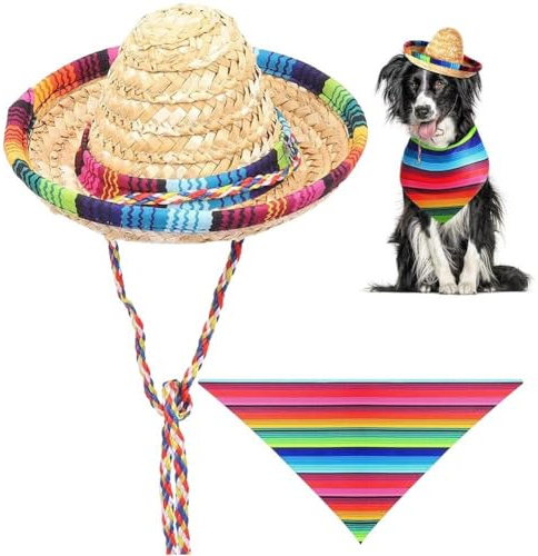 Ymxygz Conjunto De Sombreros Multicolores, Disfraz Mexicano De Paja para Mascotas Pequeñas, Bandana para Perro, para Halloween Y Navidad.