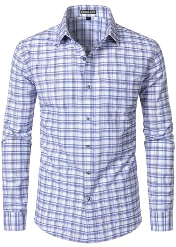 PARKLEES Chemise légère à carreaux pour homme, coupe ajustée, à carreaux, chemise boutonnée à manches longues avec poche