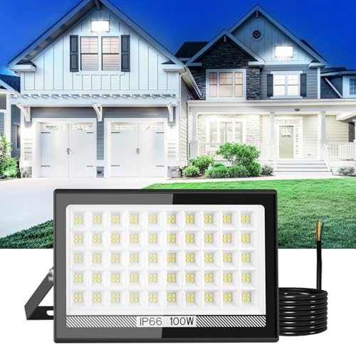 T-SUN 10000LM Flood Light Outdoor, 100W LED Security Light | IP66 Waterproof Floodlight Mains Powered, Cold White Wall Lights for Garden,Garage, Warehouse, Backyard, Doorways