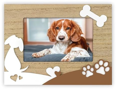 Marley - Marco de fotos de madera de 10 x 15 cm, color marrón y blanco con relieve en forma de perro, idea de regalo para amantes de los perros y cachorros
