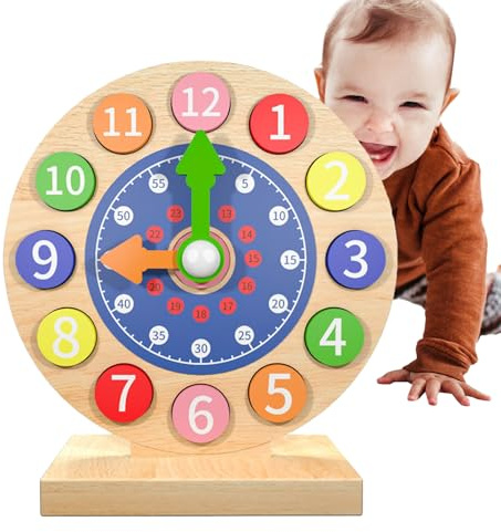 Lecciones de reloj para niños, aprendizaje de relojes para niños | Reloj analógico de madera para niños que aprenden a leer la hora - Juguetes de reloj de tiempo, accesorios educativos tempranos para