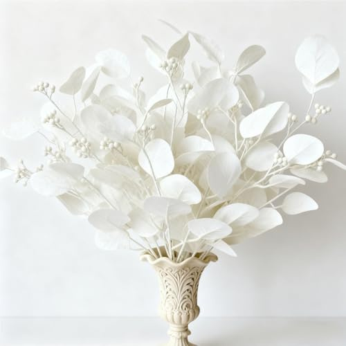 Eucalyptus Stems Leaves Artificial Flowers Long Silver Dollar Leaves Faux Bouquets Branches Decoration for Home Flower Arrangement Wedding Table Festival Farmhouse Party Halloween Deco (White)