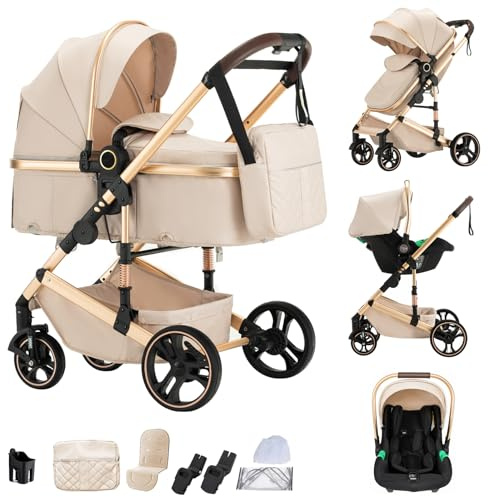 Shineey Passeggino 3 Pezzi Carrozzina Neonatale Pieghevole con Gondola, Pneumatici in Gomma e Sistema da Viaggio, Inclusi Adaptateurs e Accessori (H9-BEIGE, H9)