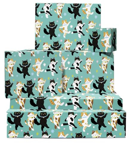 Presentpapper dansande katter - 6 ark för amatörer katter barn eller vänner - födelsedagsfest tema - söta svarta och vita katter med etiketter av Central 23
