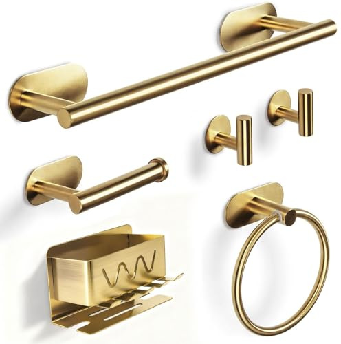 Virklyee Conjunto Toallero de 6 Piezas,Accesorios de Baño Autoadhesivo,Porta cepillos de Dientes, Toallero Barra,Toallero Adhesivo,Soporte Papel Higiénico,2 Ganchos Montado(Oro)