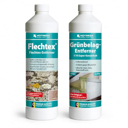 HOTREGA Flechtex 1L + Grünbelagentferner 1L | Konzentrat gegen Flechten | Reiniger für Algen & Beläge auf Stein, Holz oder Kunststoff | pH-neutral | Ideal für Fassaden, Wege, Dächer & Glas