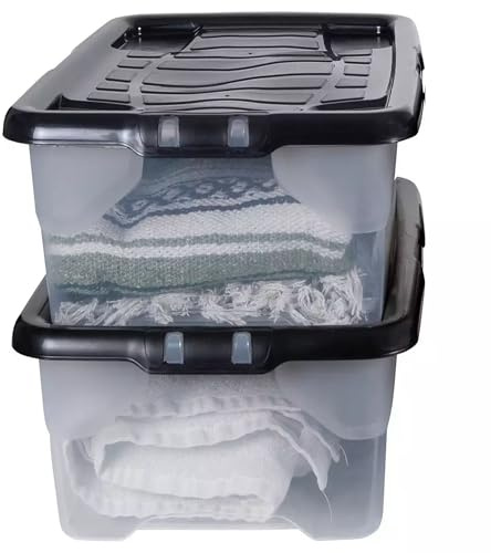 STORM TRADING GROUP 2 Pack 30L Underbed Storage Boxes with Lids Stackable Storage Boxes for Home, Office, and Kitchen Organization Clear Plastic Storage Containers With Black Lids