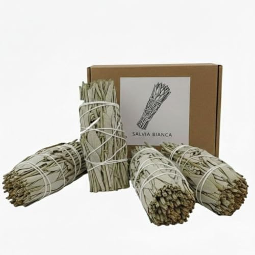Set 4 Salvia Bianca, 4 Mazzetti Incensi (Smudge Sticks) Purificazione Energetica Casa, Meditazione e Yoga, Salvia California, Naturale 100%, Smudging e Pulizia Aura,Elimina Energie Negative