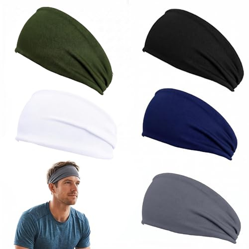 5 Pack Mens Sports Headbands, Moisture Wicking Sweatbands for Men, Elastic Non-Slip Wide Hair Bands for Running, Gym, Workout, Football, Cycling, Tennis (Black, Navy, Grey, Green, White)