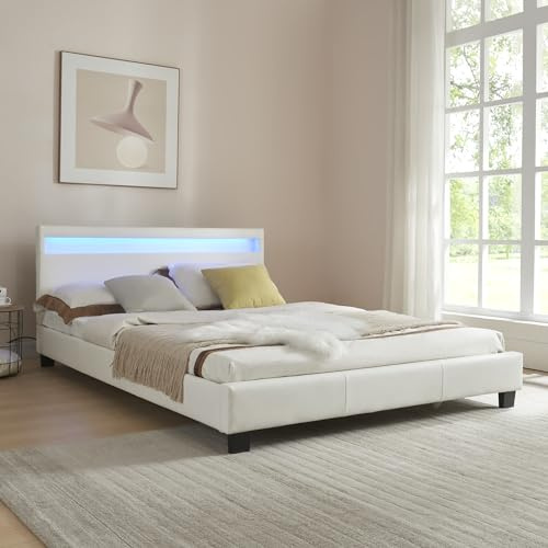 Corium Cama Elegante de Matrimonio tapizada en Piel sintética - con Sistema de iluminación LED - 140x200cm (Blanco) - diseño Moderno