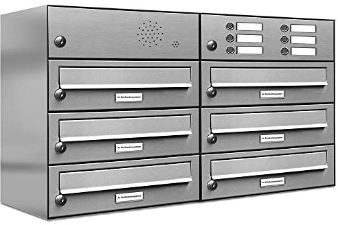AL Briefkastensysteme 6er Briefkastenanlage mit Klingel, Edelstahl, Premium Briefkasten DIN A4, 6 Fach Postkasten modern Aufputz