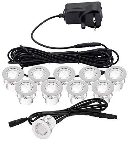 National Lighting KIOS II Pack of 10 White 30mm LED Round Garden Decking/Kitchen Plinth Lights Kit - IP44 Rated