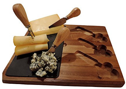 Natursteinzentrum Rhein Main Schiefer Platte mit Holz Umrandung und 3 Käsemesser zum Anrichten