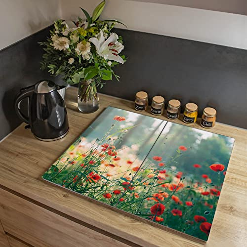 banjado Ceranfeld Abdeckung Glas 2-teilig 60x52 cm, Herdabdeckplatten und Schneidebrett Küche aus gehärtetem Glas, dekorativer Küchen Spritzschutz Blumen & Pflanzen mit Motiv Waldmohn