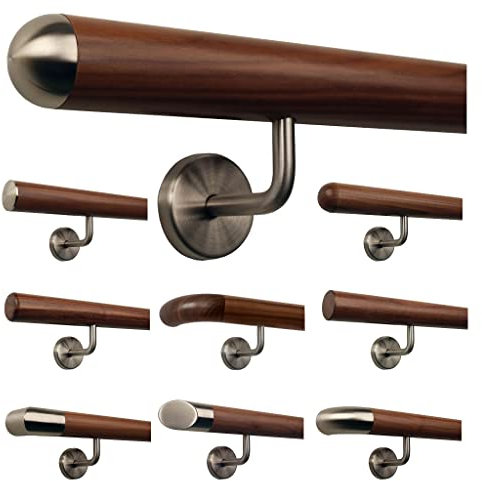 TIBU Ami Nussbaum Geländer Handlauf Treppe Holz Griff gewinkelt Edelstahlhalter, Länge 30-500 cm - Variante: 100 cm mit 2 Halter und Ende Halbrunde Edelstahlkappe