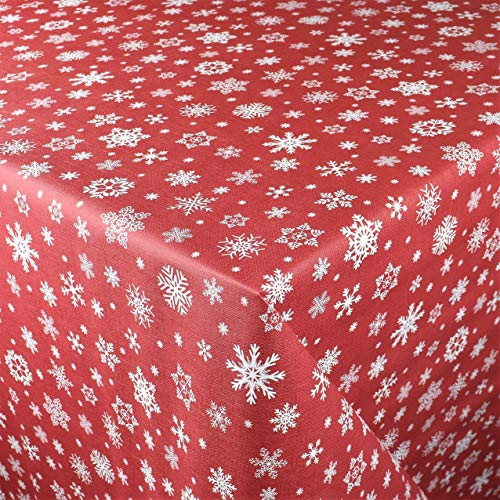 KEVKUS Wachstuch Tischdecke geprägt Meterware P1096-3 Weihnachten Advent Schneeflocke rot wählbar in eckig rund oval (Rand: Paspel (mit Kunststoffband), 100 x 140 cm eckig)
