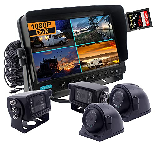 CAMSLEAD Schermo da 9 pollici Sistema di telecamera di retromarcia 1080P, registratore DVR integrato, schermo quadruplo, monitor per auto + telecamere di retromarcia 4X per camper, rimorchi, camper
