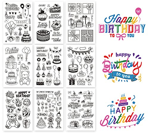 GLOBLELAND 9 Blatt Happy Birthday Transparente Stempel für Scrapbooking Geburtstagskuchen Klare Stamps Geburtstagsgeschenk Silikonstempel Für Kartengestaltung DIY Prägung Journaling
