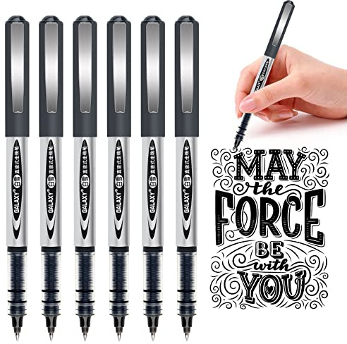 Gelanty Rollerball Pens, 6pcs Black Liquid Ink Ballpoint Gel Quick-Drying Pen for Home, School, Office, Writing, Drawing, Artwork